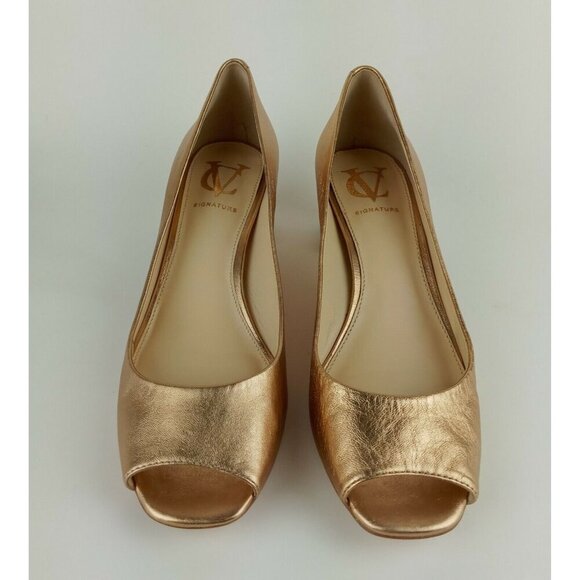 Vince Camuto Signature 7M Gold Metallic Open Toe Block Heel Shoes Lamb Leather - Picture 2 of 12